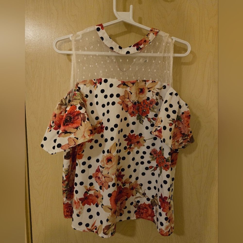 Floral Polka Dot Cold Shoulder Mesh Top (L)